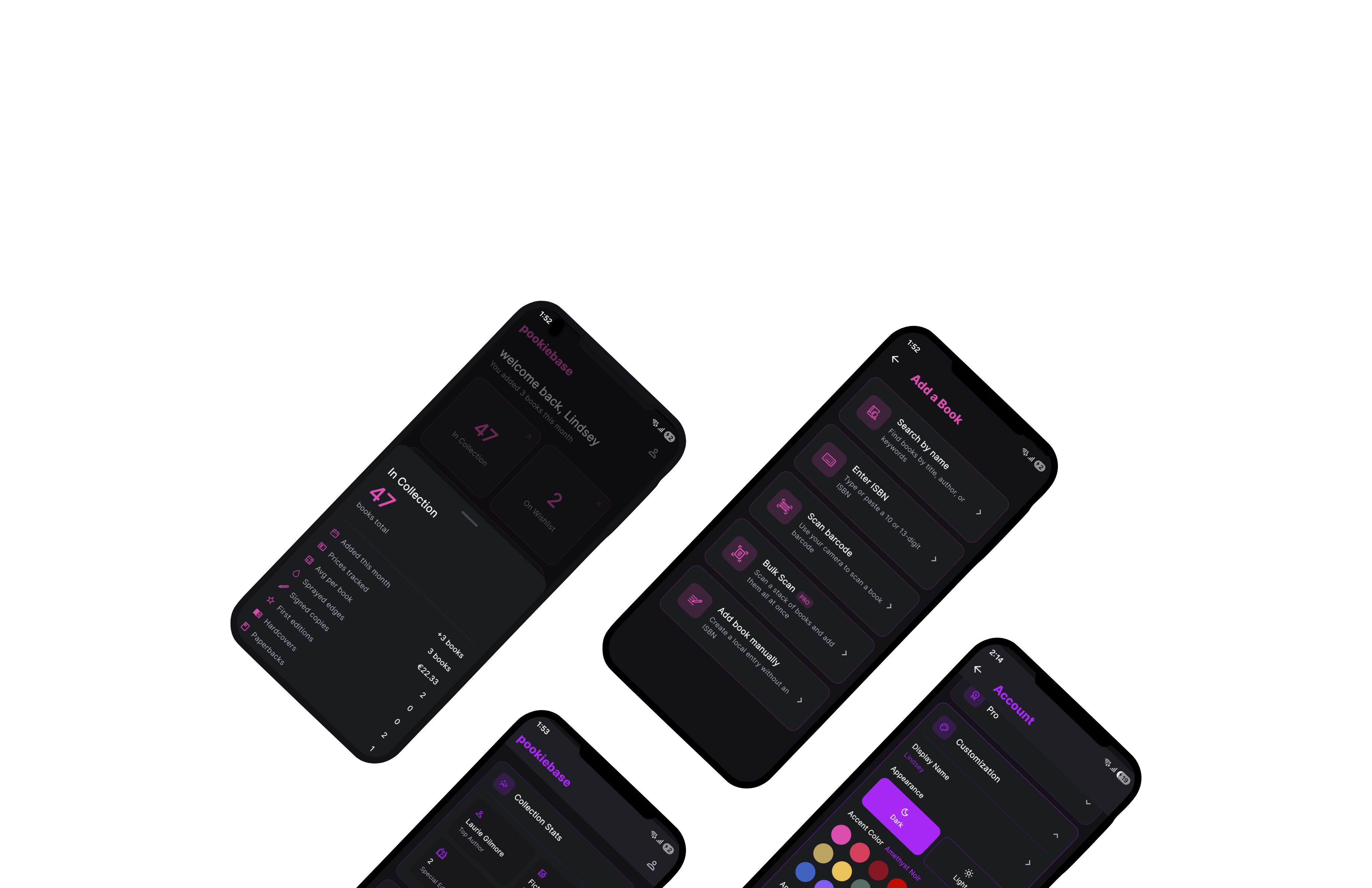 Pookiebase app showing library and wishlist screens