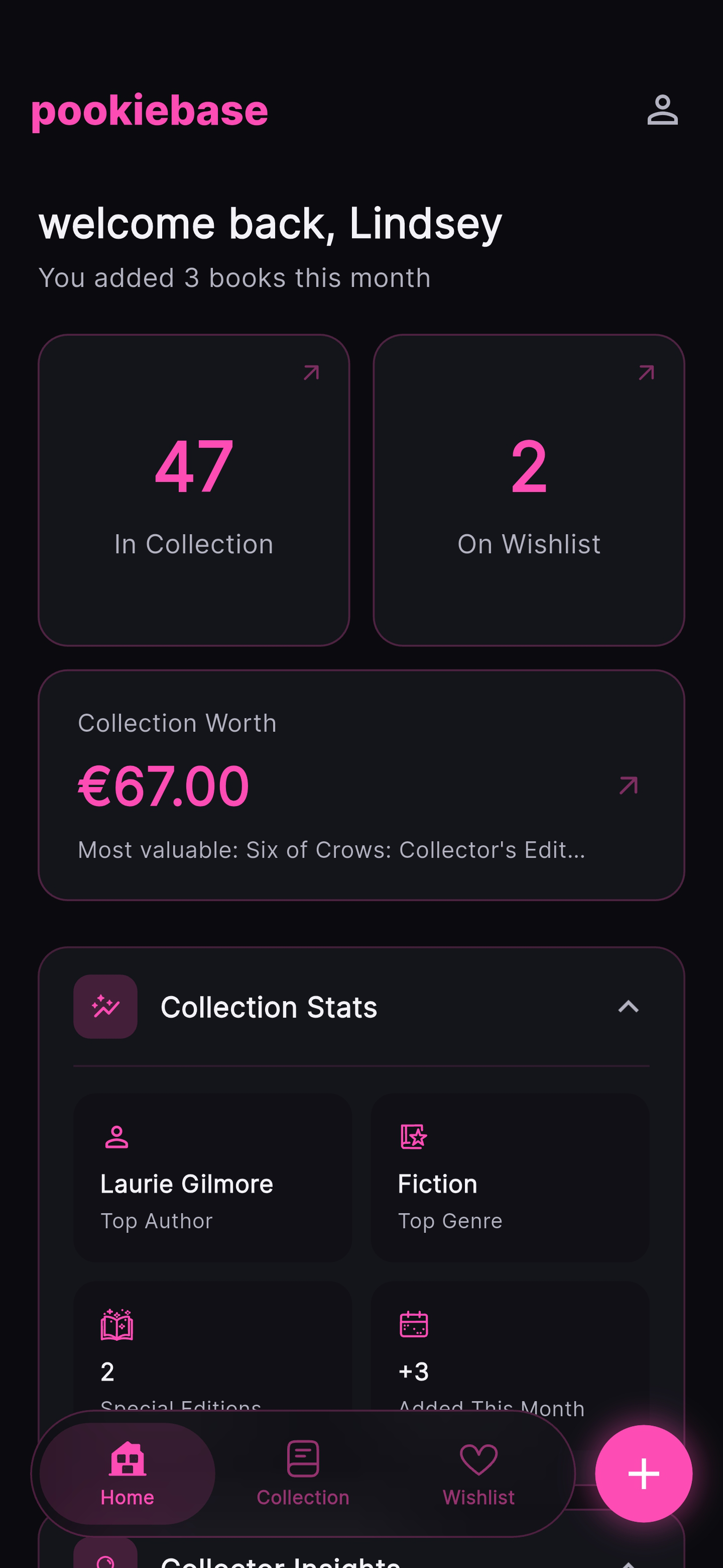 Pookiebase app with dark theme and neon peony accent color